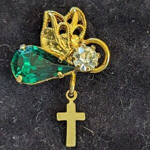 😇 May Birthstone Angel Cross Green Emerald Rhinestone Pin Brooch